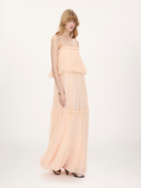 Thin-strap long dress in silk mousseline