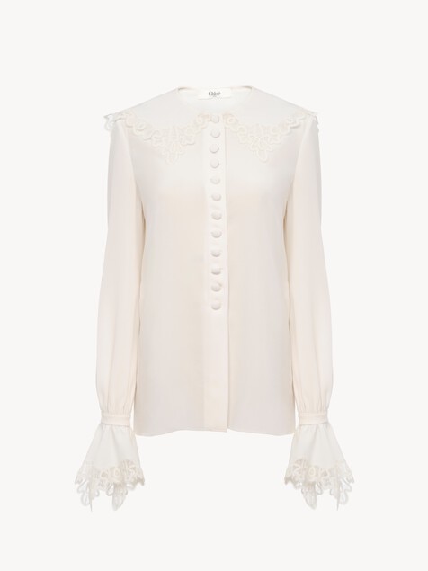 Fluid blouse in cr&ecirc;pe de chine & lace
