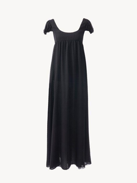Puff-sleeve long dress in silk plumetis