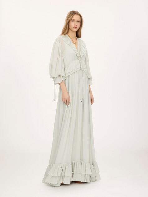 Gathered long dress in silk charmeuse