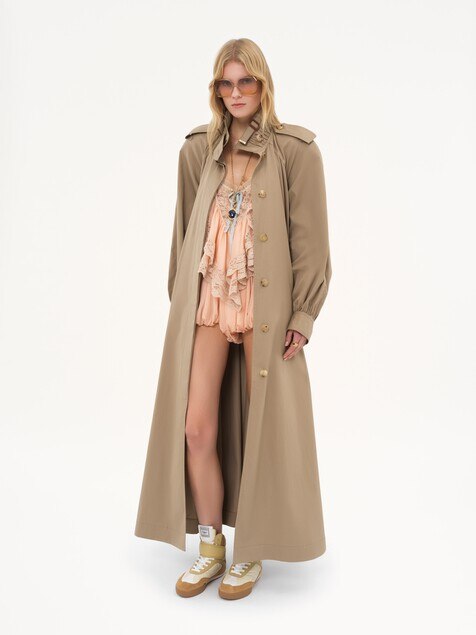 High-neck long trench coat in cotton gabardine