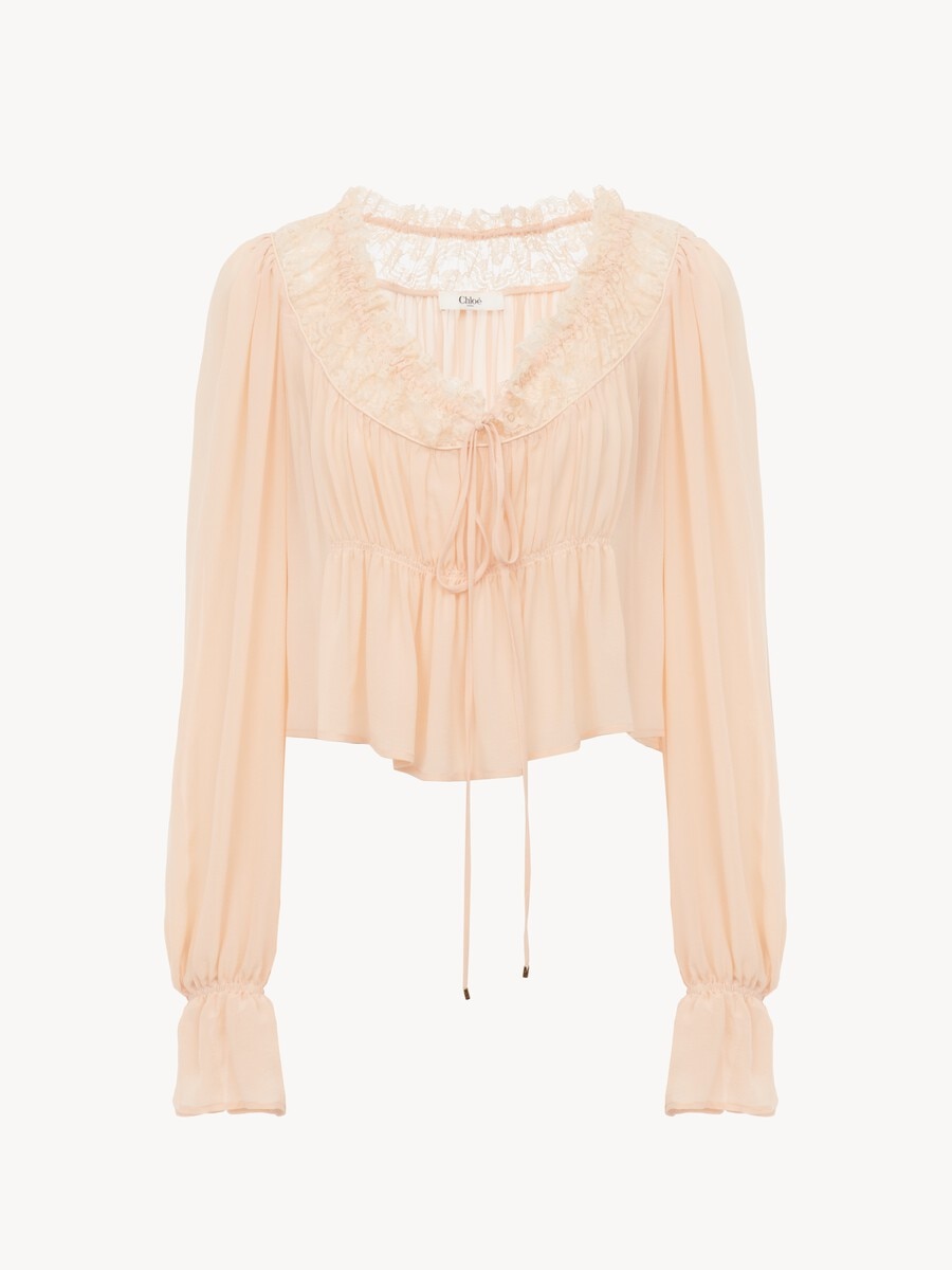 Scoop-neck cropped top in silk georgette & lace - 2