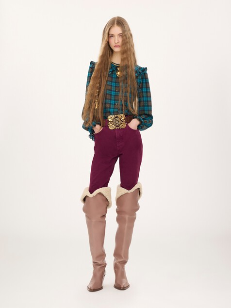 Blusa lavalli&egrave;re con volantes de seda habotai de cuadros