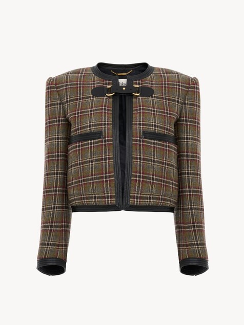 Chaqueta de corte boxy cropped sin cuello de lana de cuadros