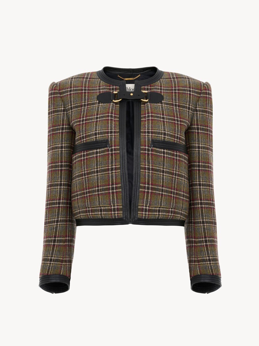Collarless cropped boxy jacket in check wool - 2