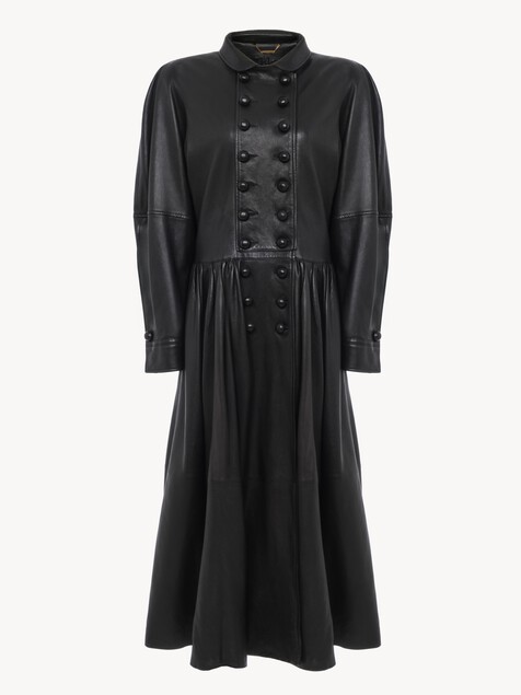 Oversized long riding coat in leather