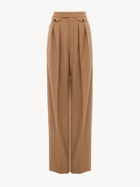 High-rise gathered pants in wool gabardine
