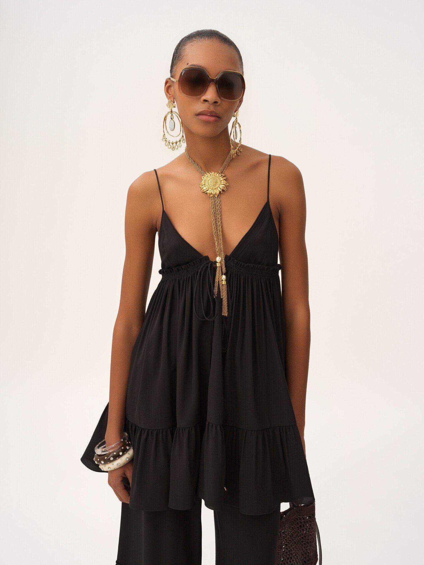 Thin-strap gathered mini dress in cr&ecirc;pe de chine - 6