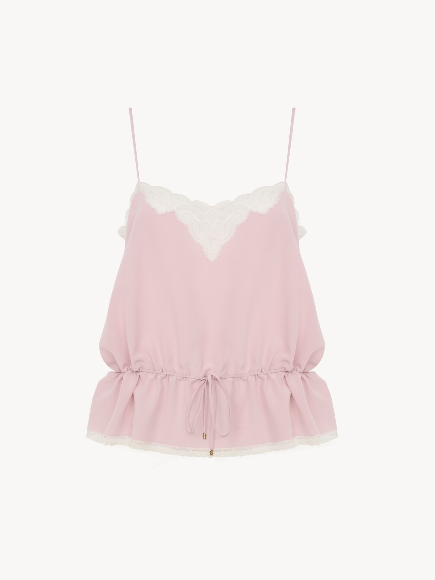 Drawstring camisole top in cr&ecirc;pe de chine & lace - 1