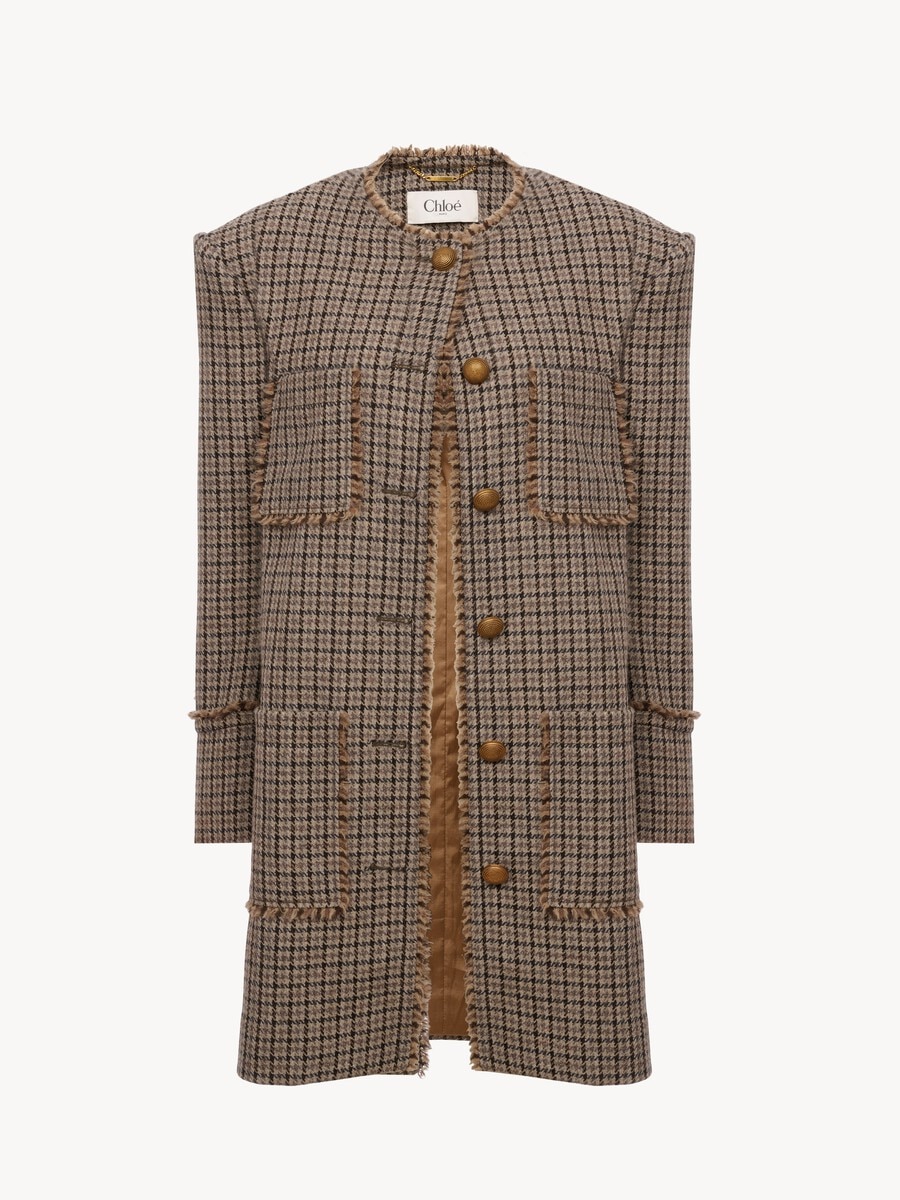 Single-breasted collarless coat in houndstooth wool - 2