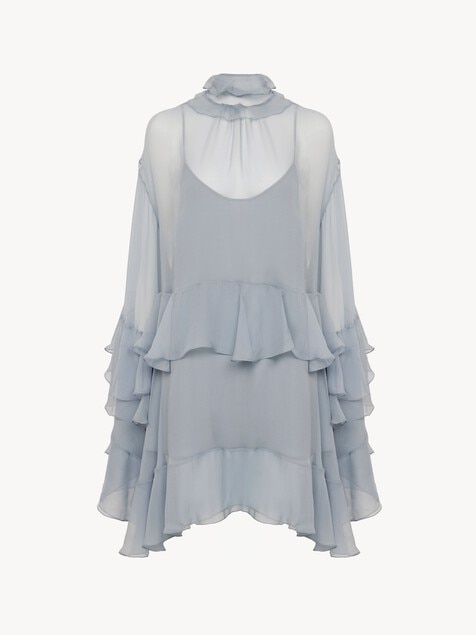 Ruffled mini dress in silk mousseline