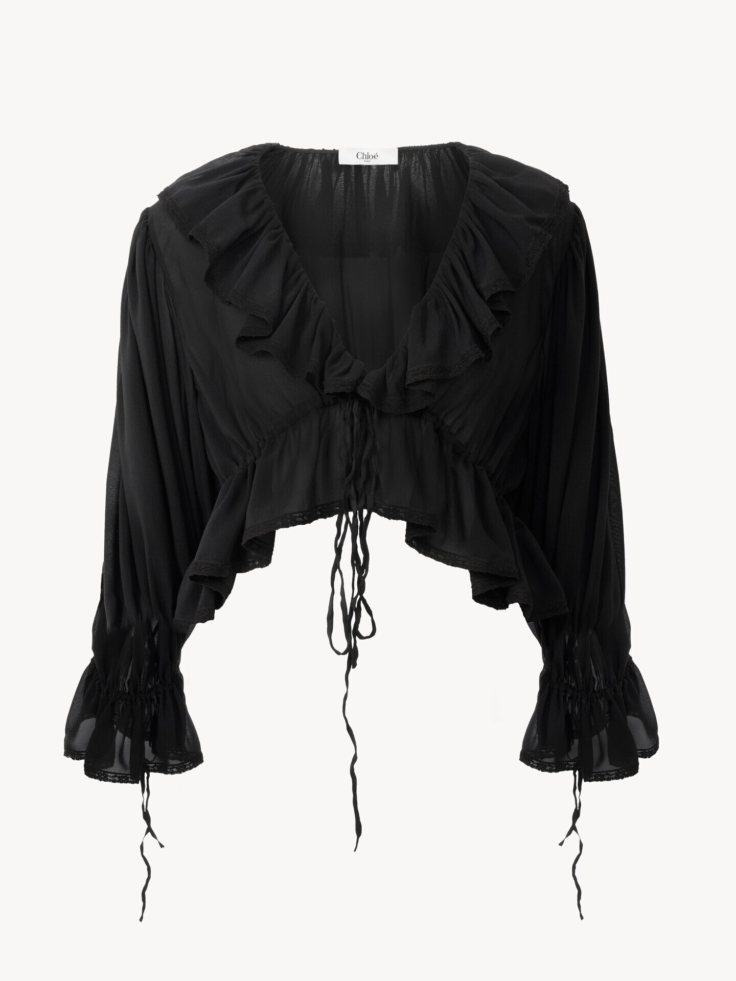 Top cropped con volantes y cuello en&nbsp;V de georgette de seda y encaje - 1