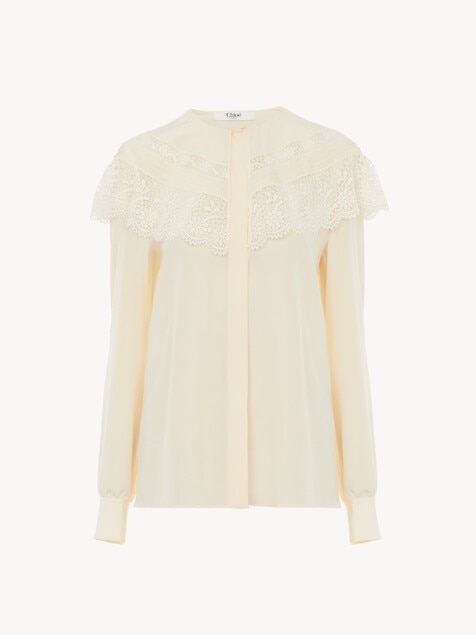 Gathered blouse in crêpe de chine & lace
