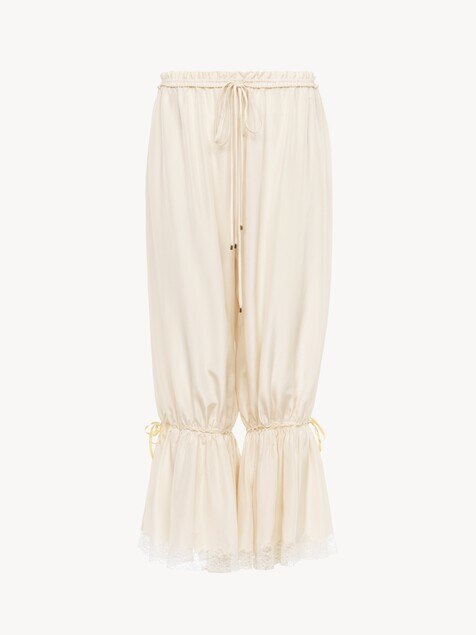 Fluid cropped trousers in washed silk pongé & lace