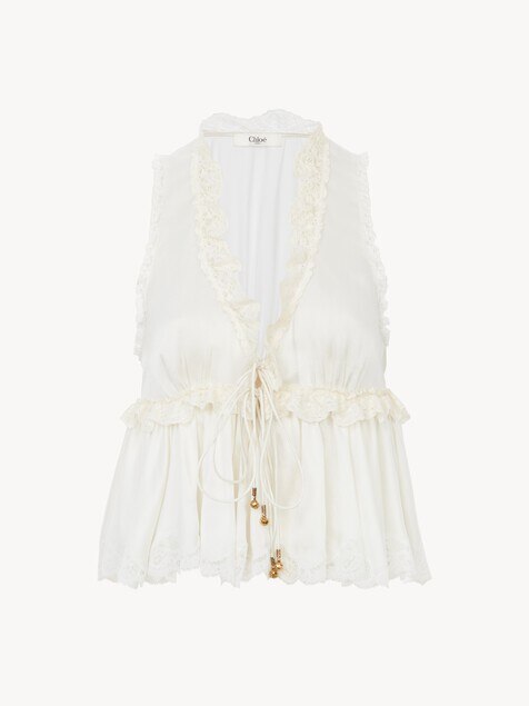 Tie-front sleeveless top in washed silk satin & lace