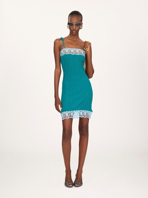 Fitted sleeveless mini dress in a wool knit & lace