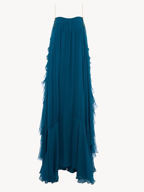 Sleeveless long dress in silk mousseline