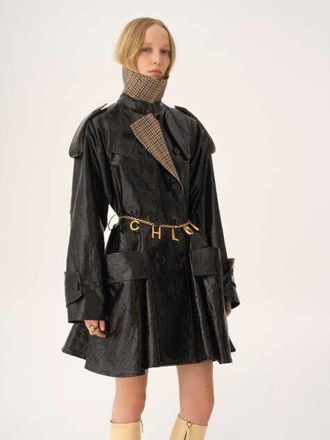 Double-breasted short riding coat in coated linen