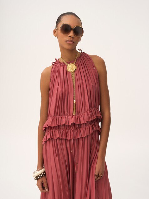 Sleeveless long dress in washed silk pongé