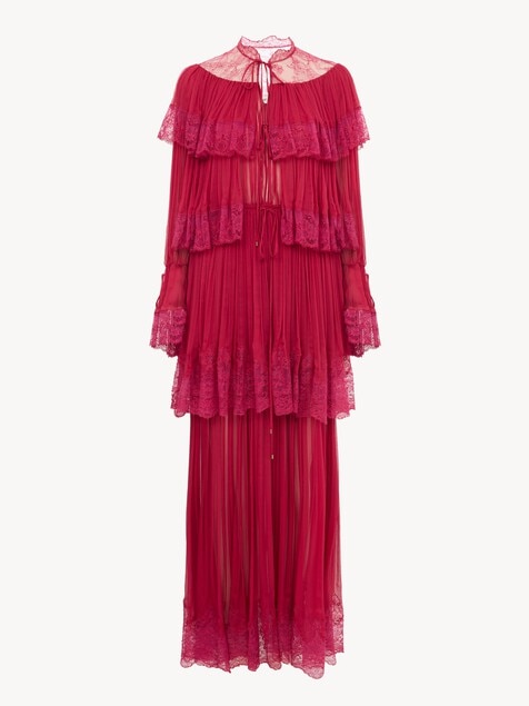 Vestido largo con volantes de muselina de seda y encaje