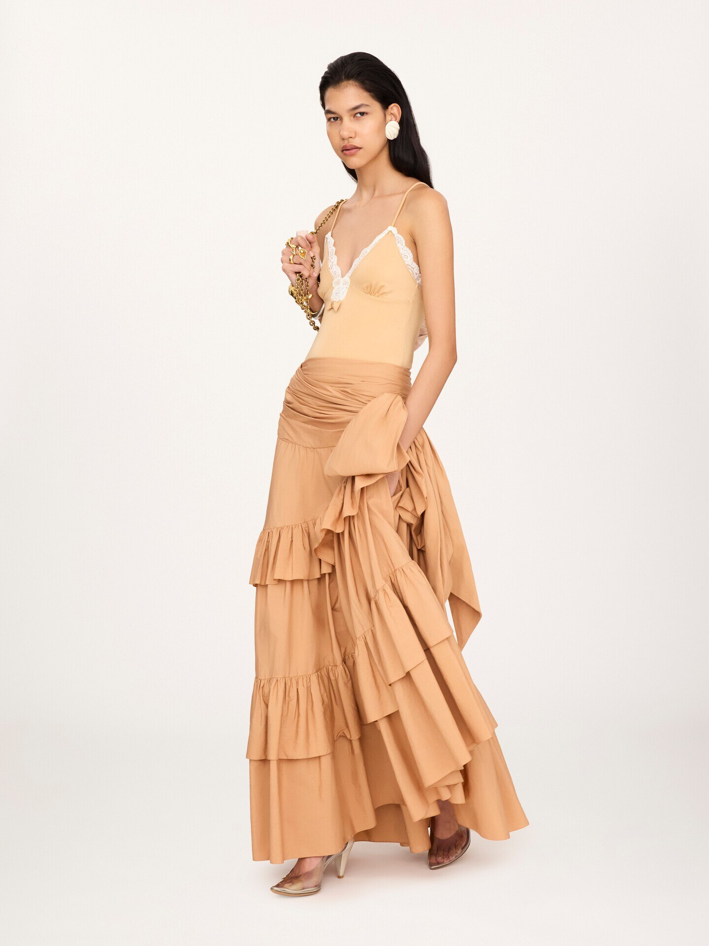 Falda larga con volantes de popelina de algod&oacute;n - 3