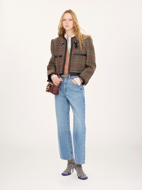 Chaqueta de corte boxy cropped sin cuello de lana de cuadros