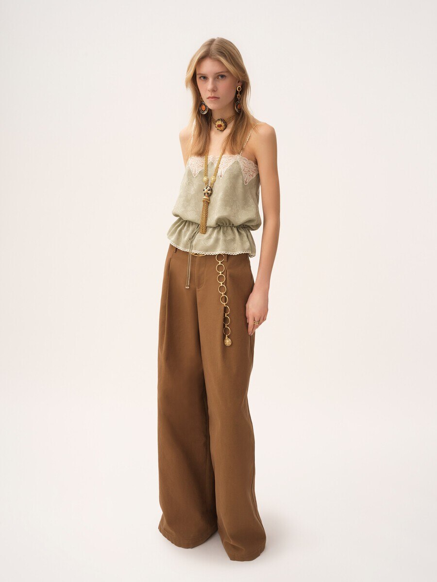 Drawstring camisole top in silk jacquard & lace - 3