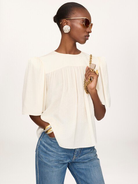 Crew-neck gathered top in silk jacquard