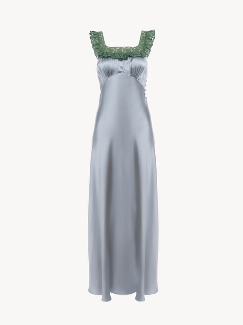 Sleeveless column dress in washed silk satin & lace