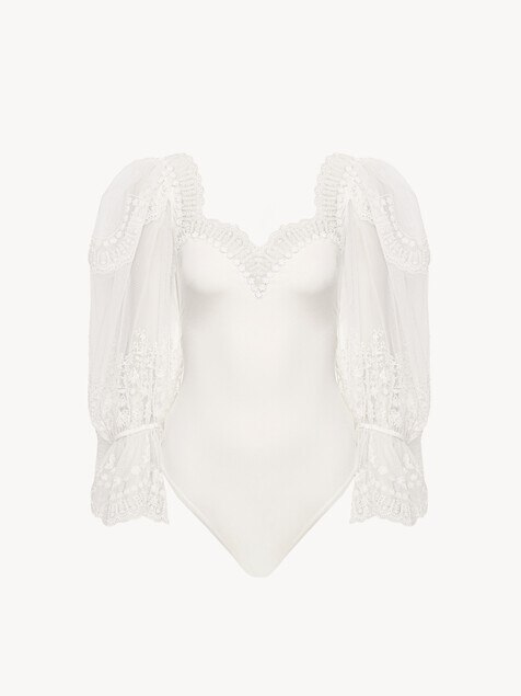Puff-sleeve bodysuit in shiny stretch jersey & lace