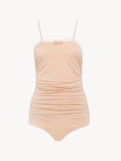 Ruched lace-trimmed bodysuit