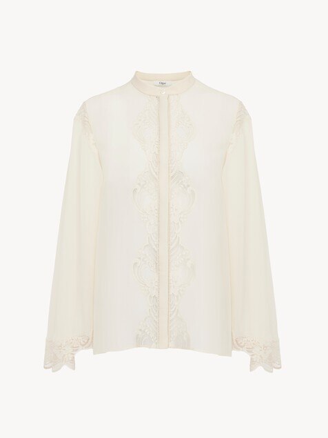 Fluid blouse in silk georgette & lace