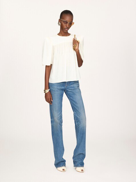 Top fruncido con cuello redondo de jacquard de seda