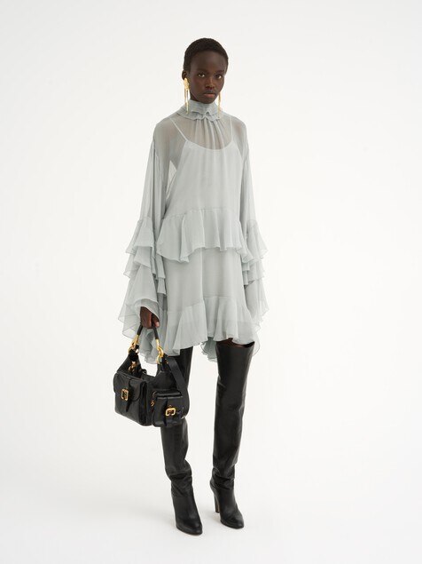 Mini ruffled dress in silk mousseline