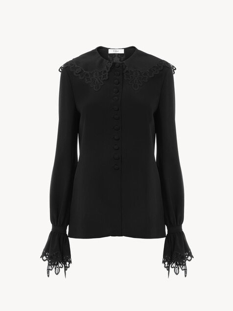 Fluid blouse in crêpe de chine & lace