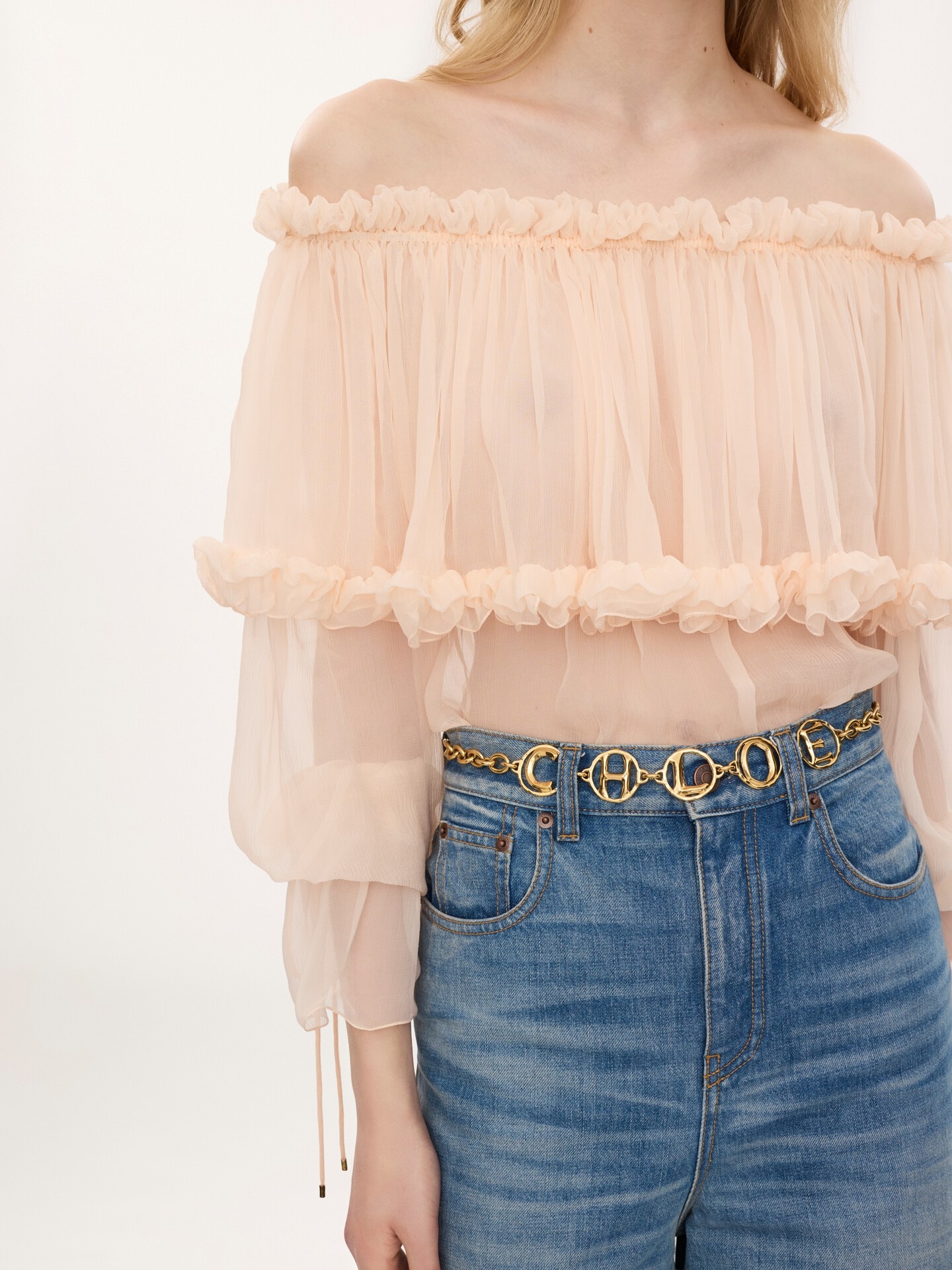 Off-the-shoulder puff-sleeve top in silk mousseline - 6