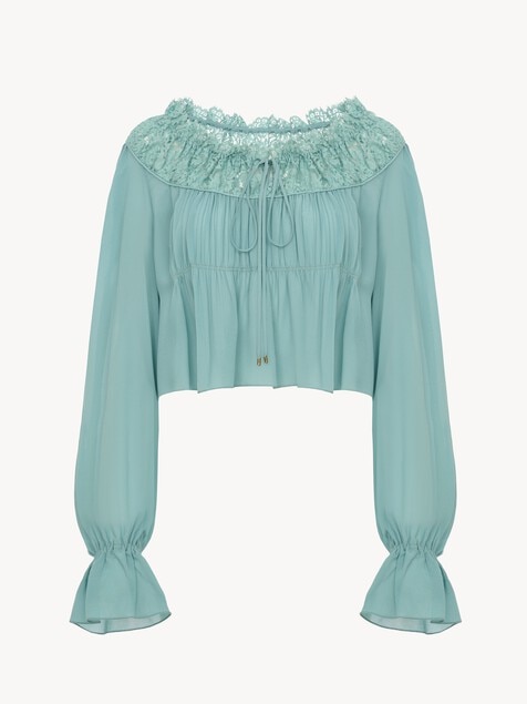 Scoop-neck cropped top in silk georgette & lace