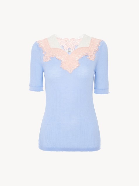 Jersey de manga al codo ajustado de punto de lana y encaje