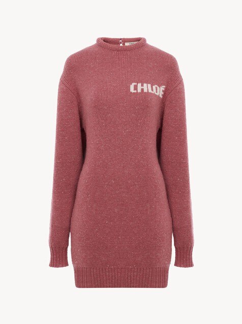 Long-sleeve logo mini dress in a merino wool knit