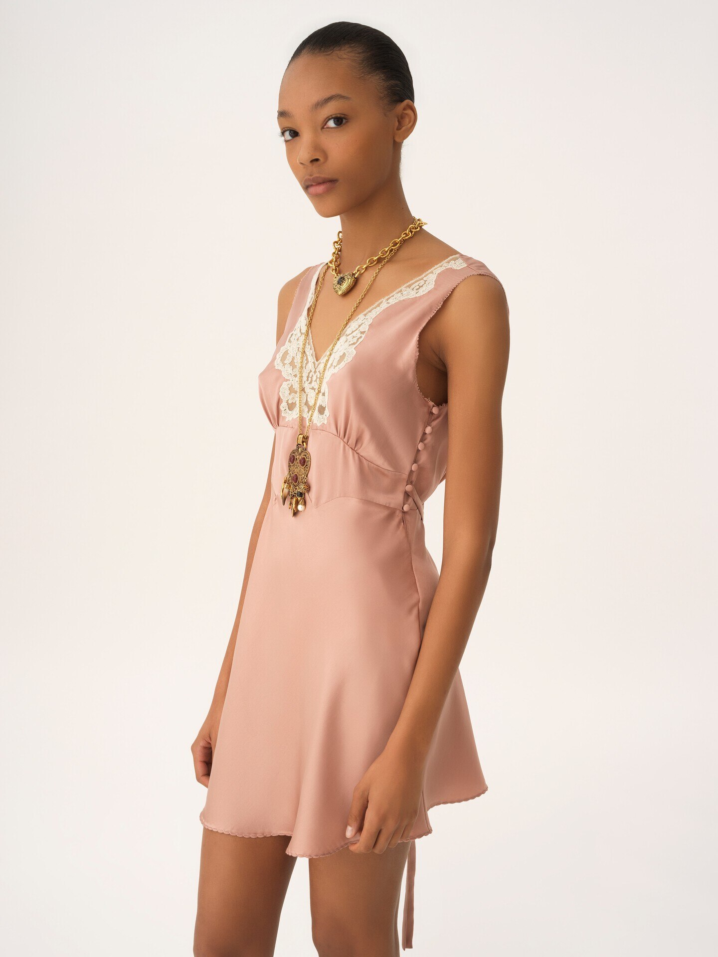 Sleeveless mini dress in washed silk satin & lace - 4