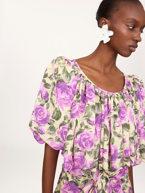 Puff-sleeve cropped top in silk jacquard