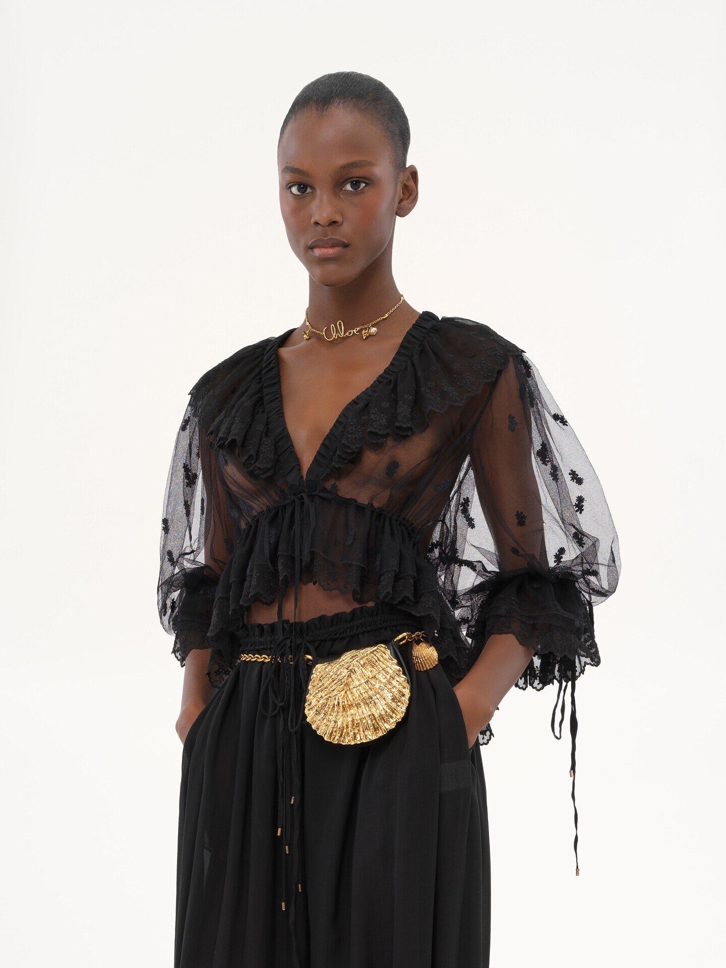 V-neck ruffle top in embroidered lace - 6