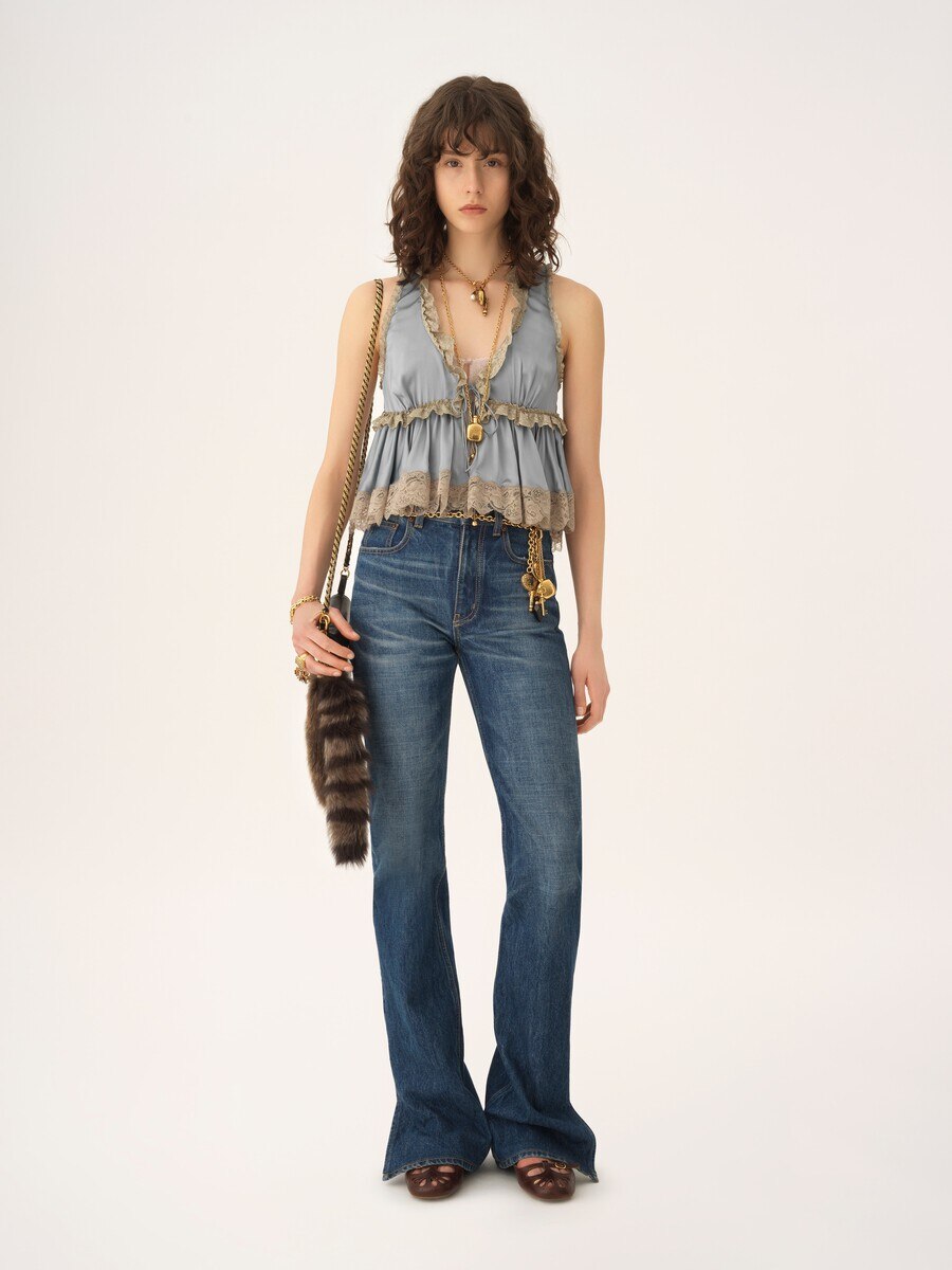 Tie-front sleeveless top in washed silk satin & lace - 3