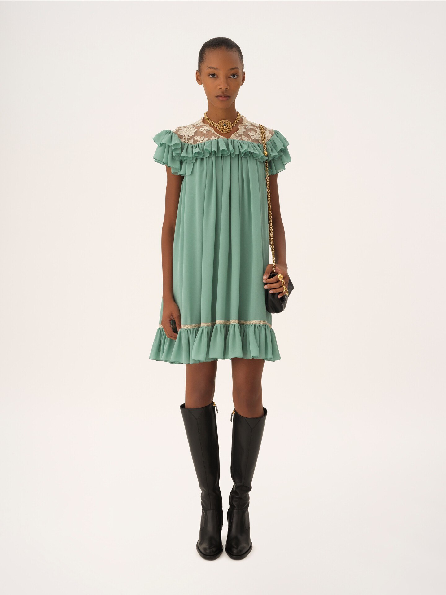 Short-sleeve mini dress in silk georgette & lace - 3