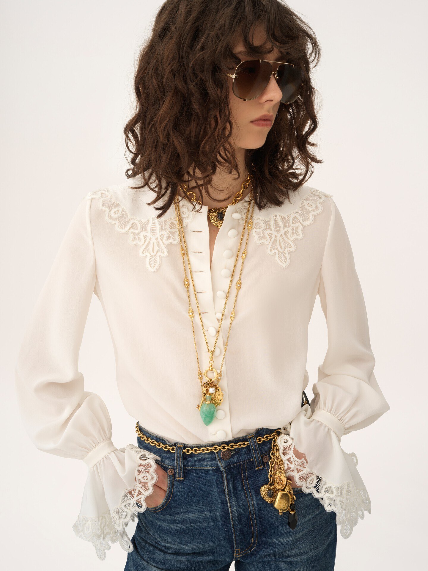 Blusa fluida de crep&eacute; de seda china con encaje - 7