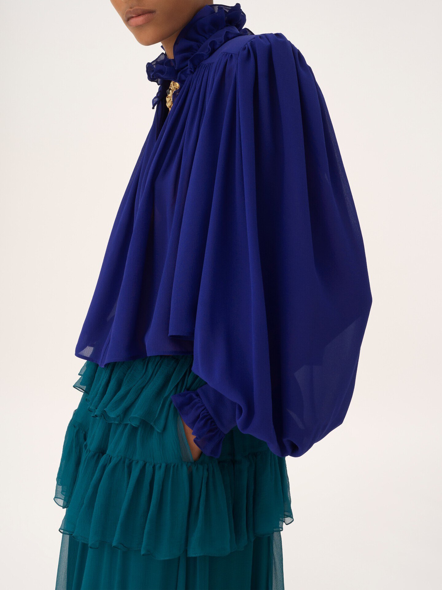 Maxi gathered high-neck top in silk georgette - 7