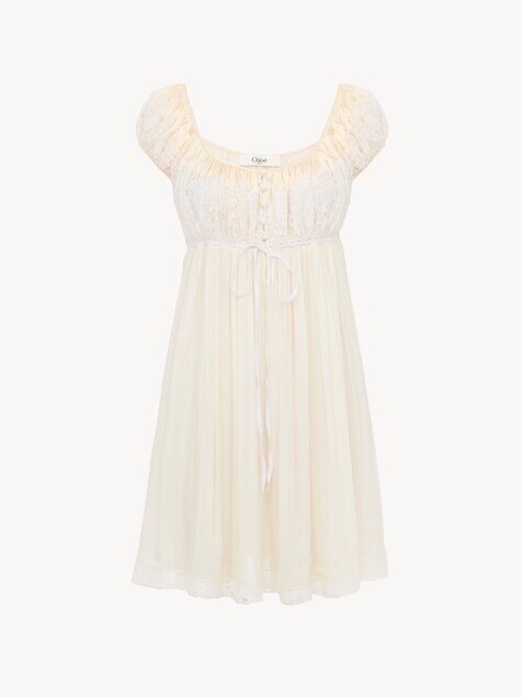 Short-sleeve mini dress in silk mousseline & lace