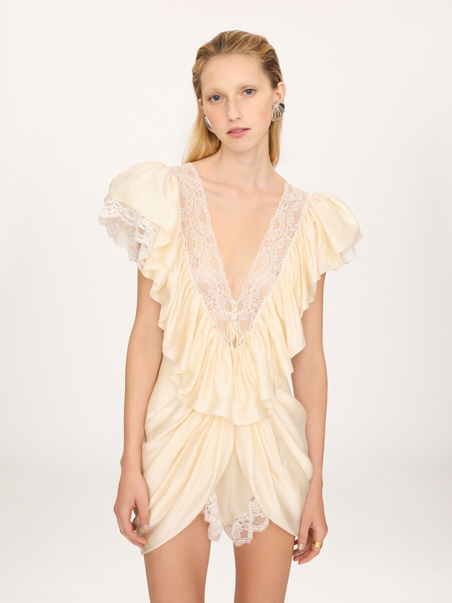 V-neck short jumpsuit in washed silk satin & lace - 4