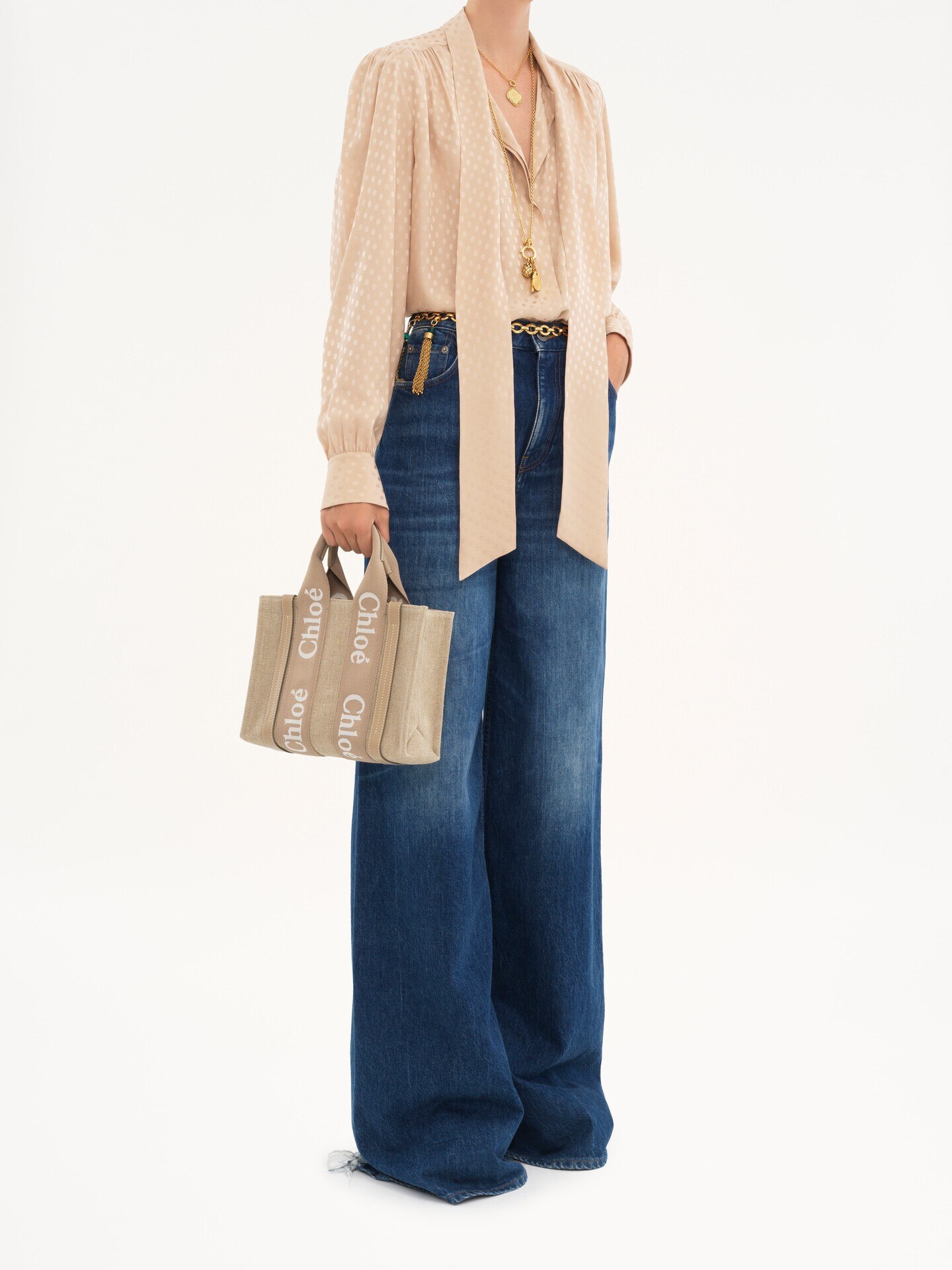 Small Woody tote bag in linen - 8