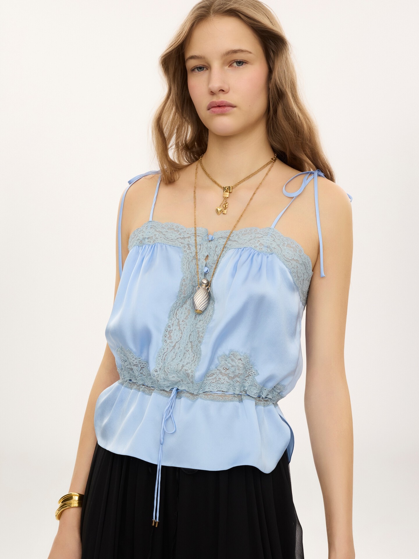 Drawstring camisole top in washed silk satin & lace - 4